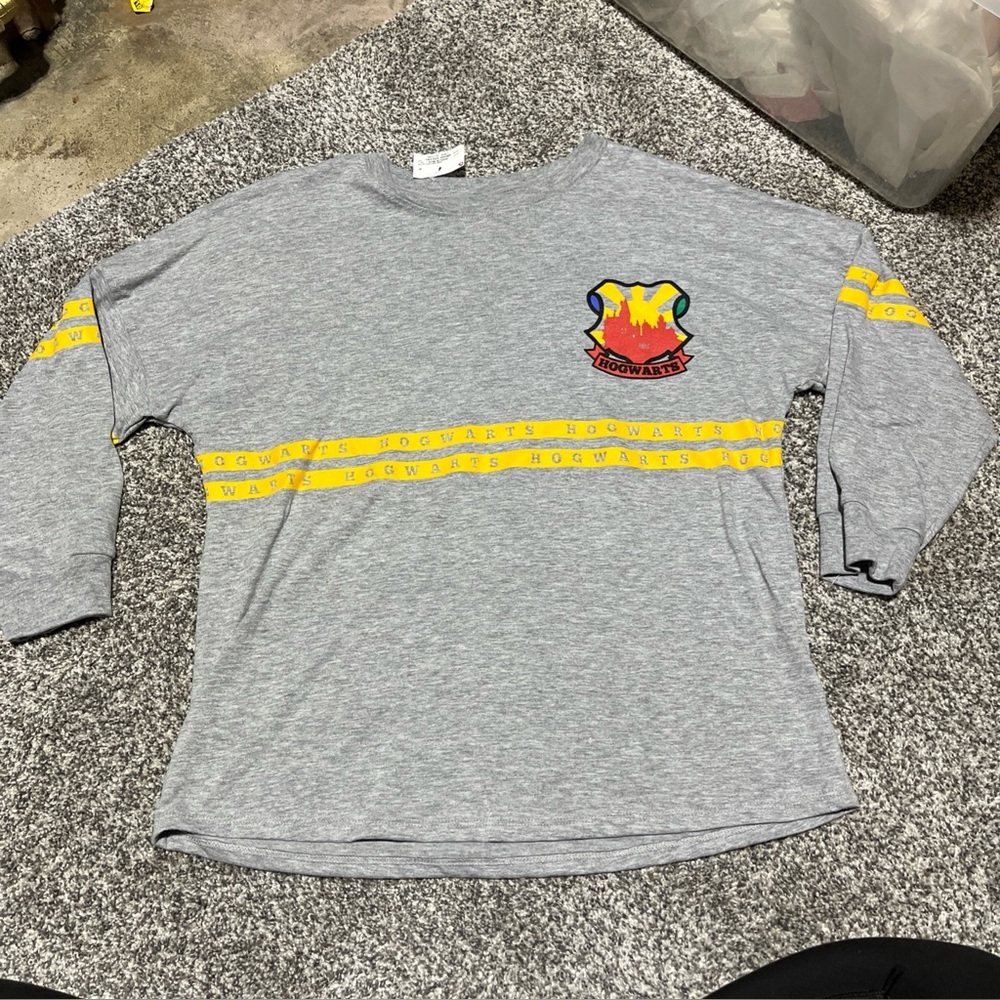 Harry Potter Gray Hogwarts Shirt with Arm Stripes & Logos Large Youth 10/12
